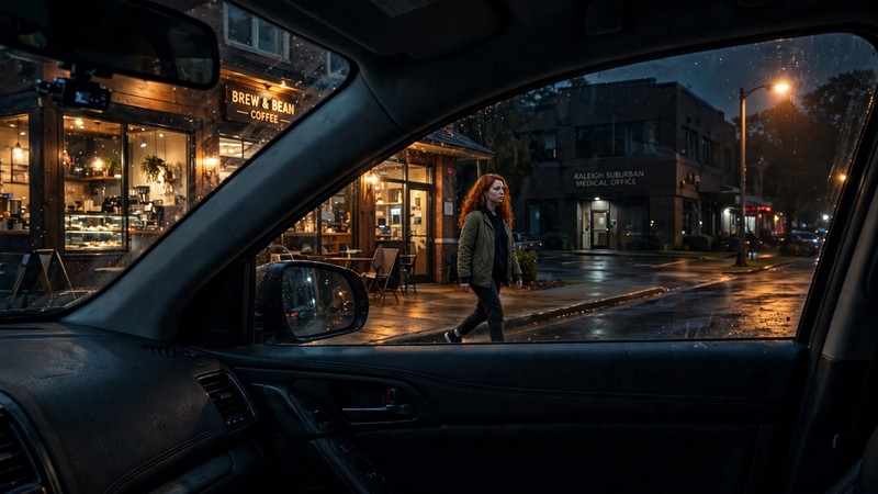She walks past the coffee shop and straight into a closed medical building. What do you think is happening?