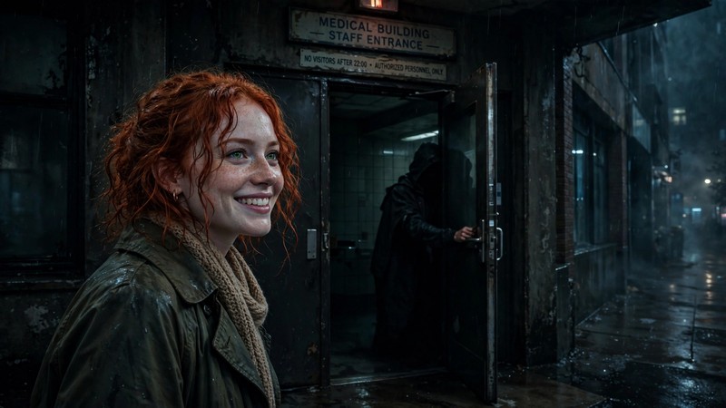 The side door opens from inside and she smiles at whoever is there. Who could it be?